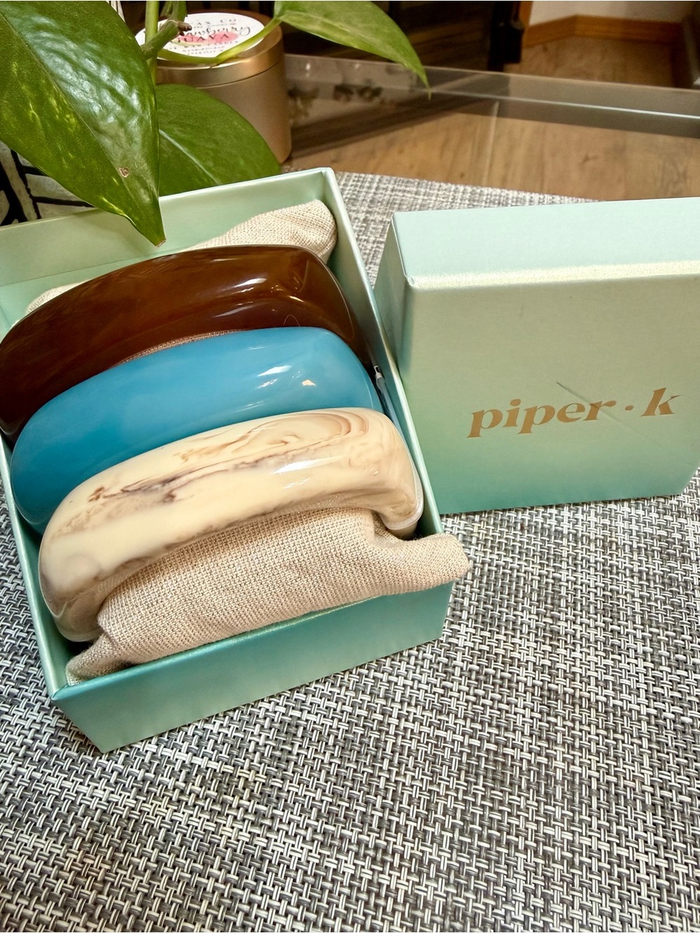 🩵🤎PIPER K stackable  Acrylic Bangle Set 3— teak, turquoise, & tan statement boho